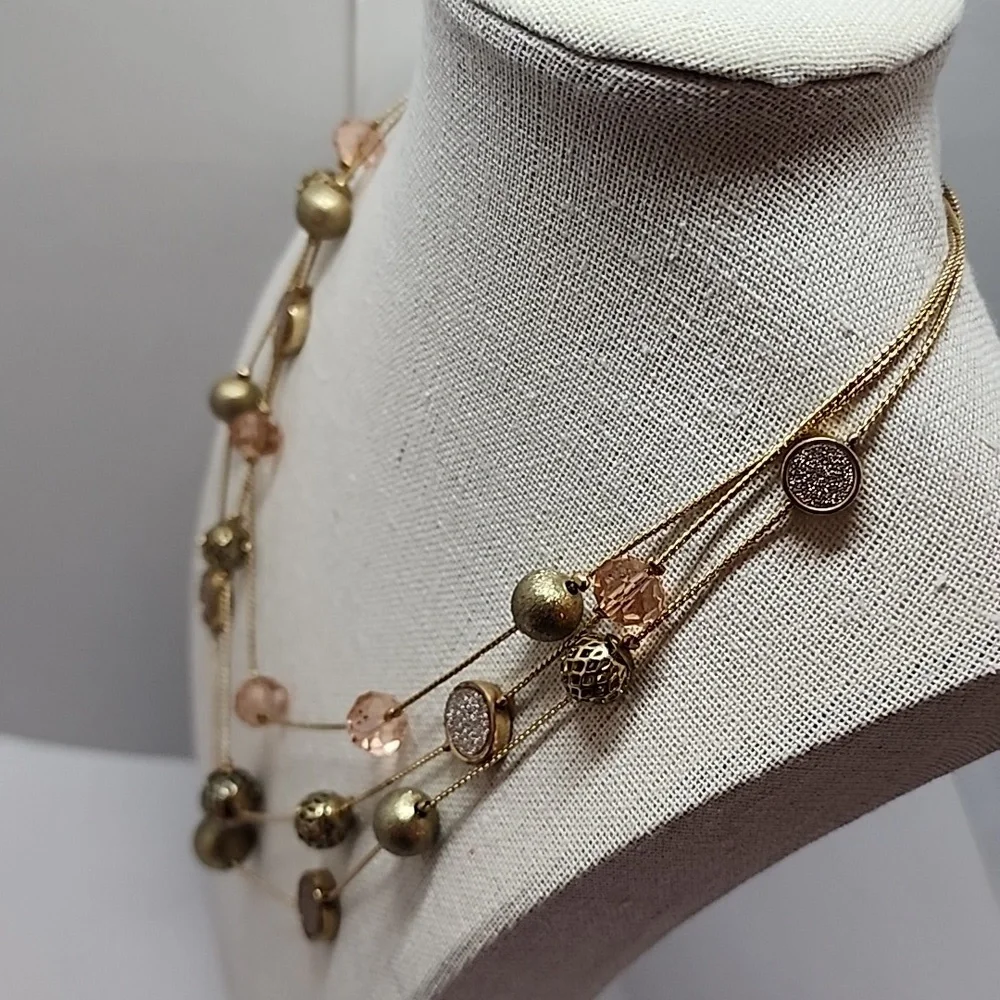 Three Strand Station Bead Ball Crystal Faux Pave Necklace - Picture 3 of 8